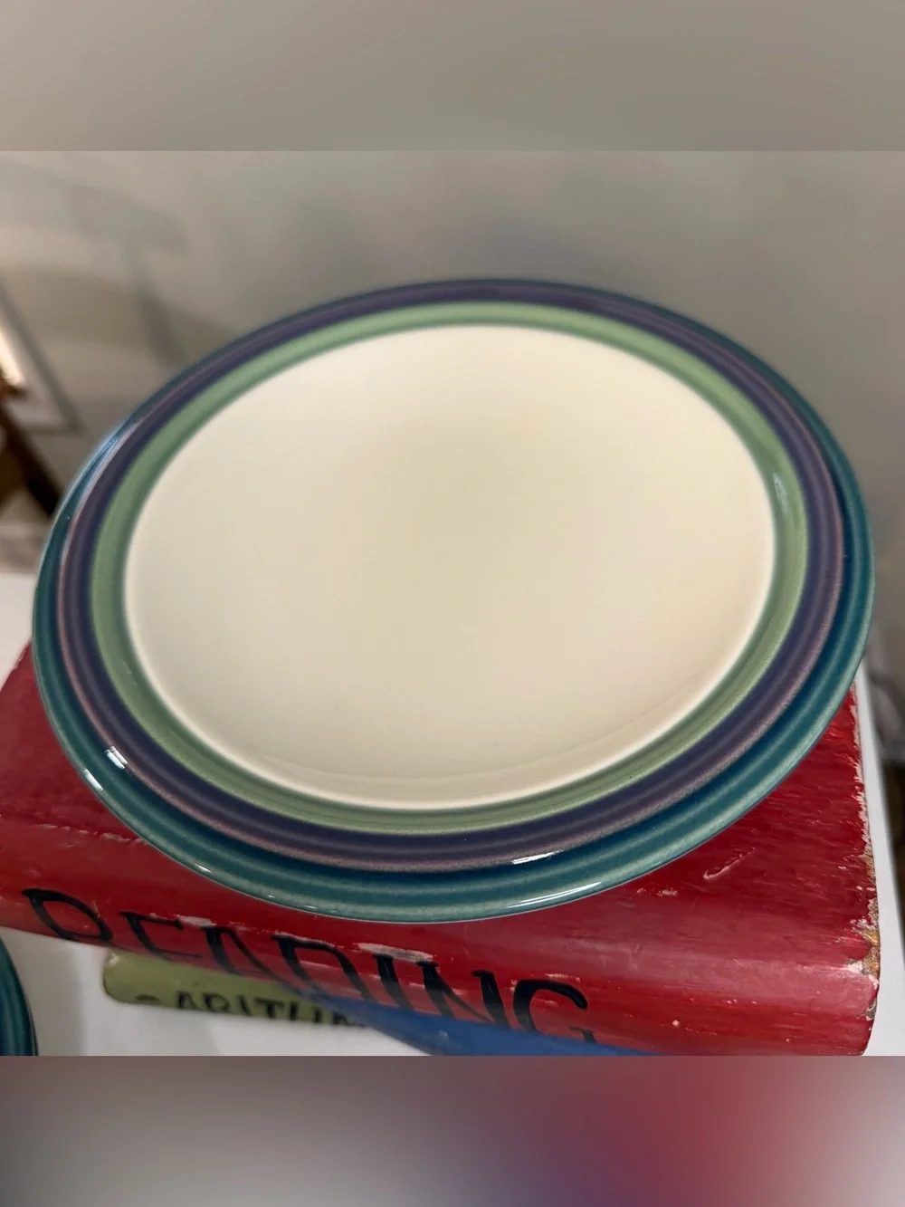 Pfaltzgraff salad plate Cream Plate with Teal, Green and Navy Rim